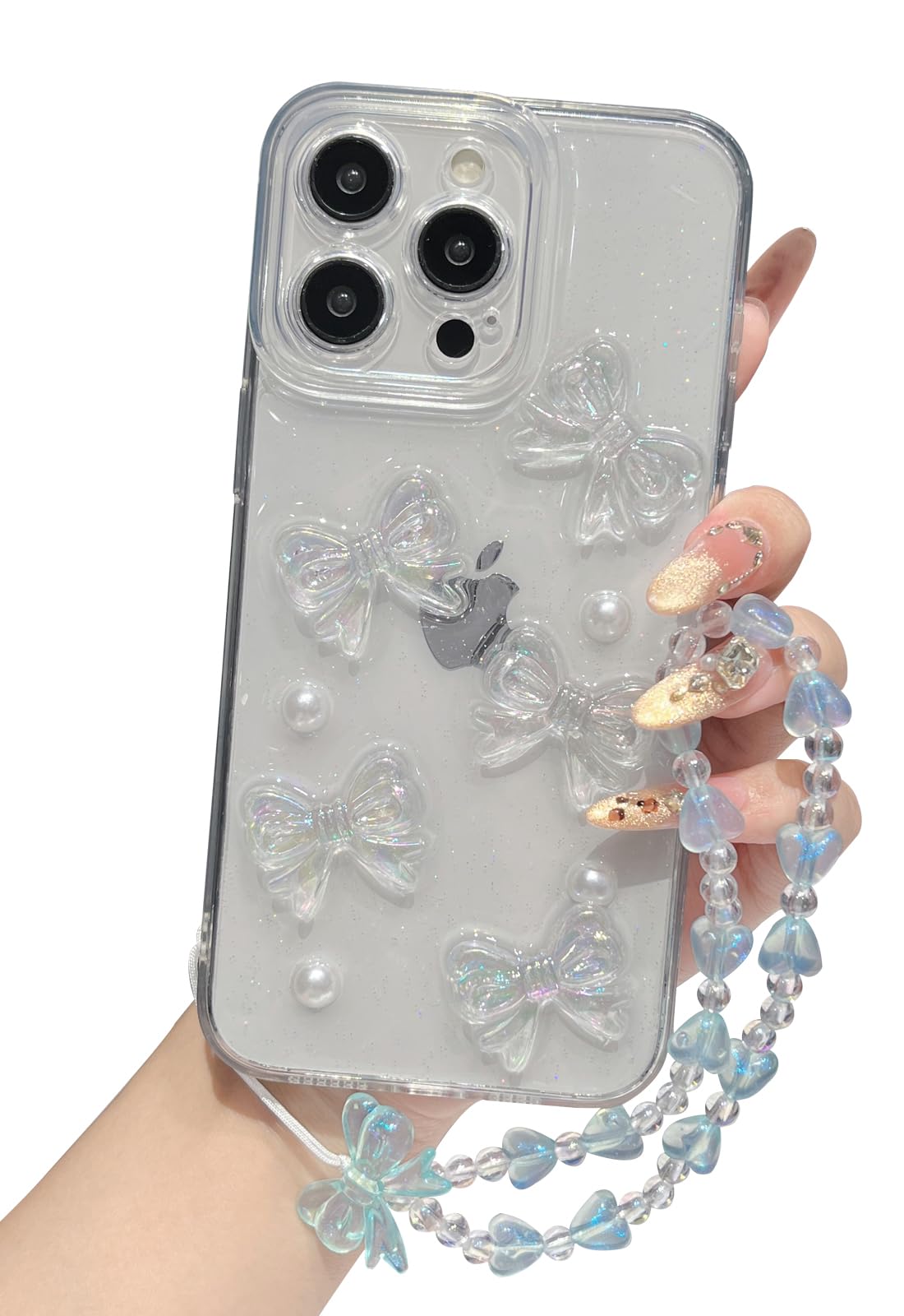 Compatible for iPhone 15 Pro Max Case (6.7-inches, 2023) with Cute 3D Bowknot and Pearl Patterns + Bow Crystal Sparkle Sparkly Chain Aesthetic Design for Women Teen Girls