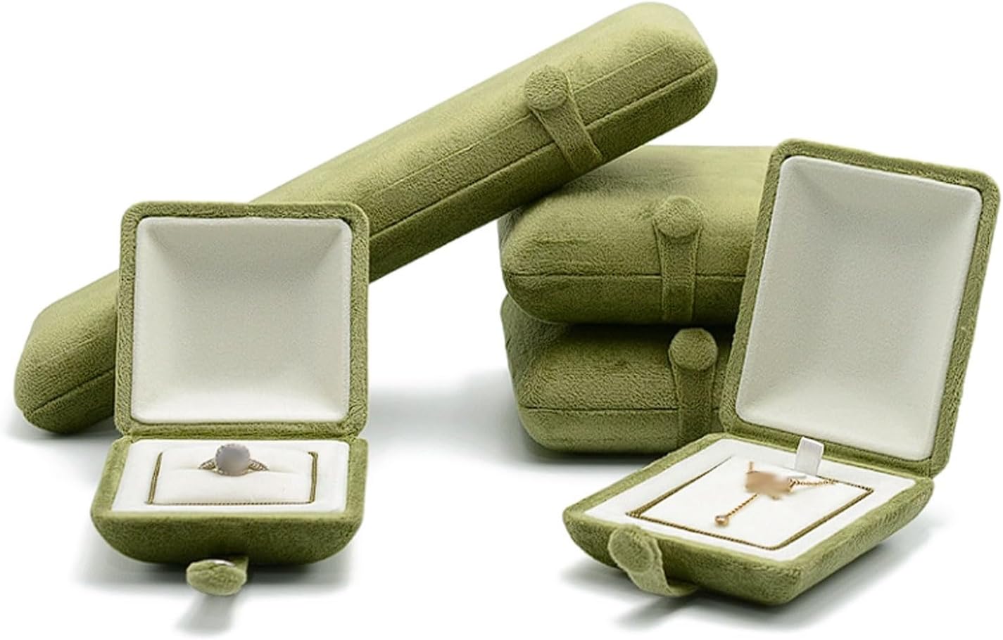 5-Piece Velvet Jewelry Box Set, Tilted Display Ring Multi-Size Organizer for Small Earrings, Pendants, Necklaces(Green)