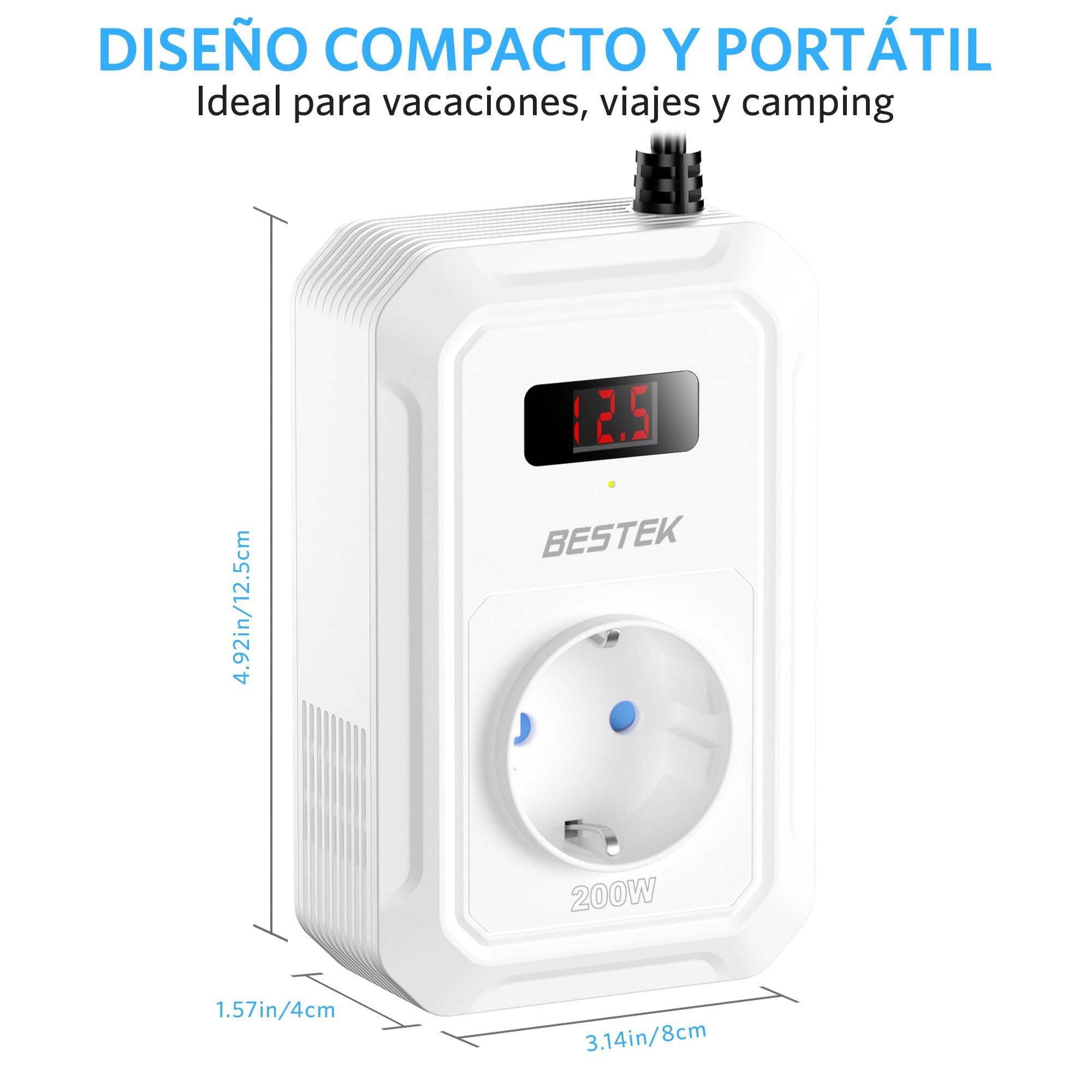 BESTEK Inversor 12v 220v Onda Pura 200W,Transformador 12V a 220V Convertidor Onda con 2 AC Tomas Y 2 USB-C (65 W y 30 W) 2 USB-QC (18 W) sinusoidal con Protección para Barco,Caravana,Coche（Blanco）