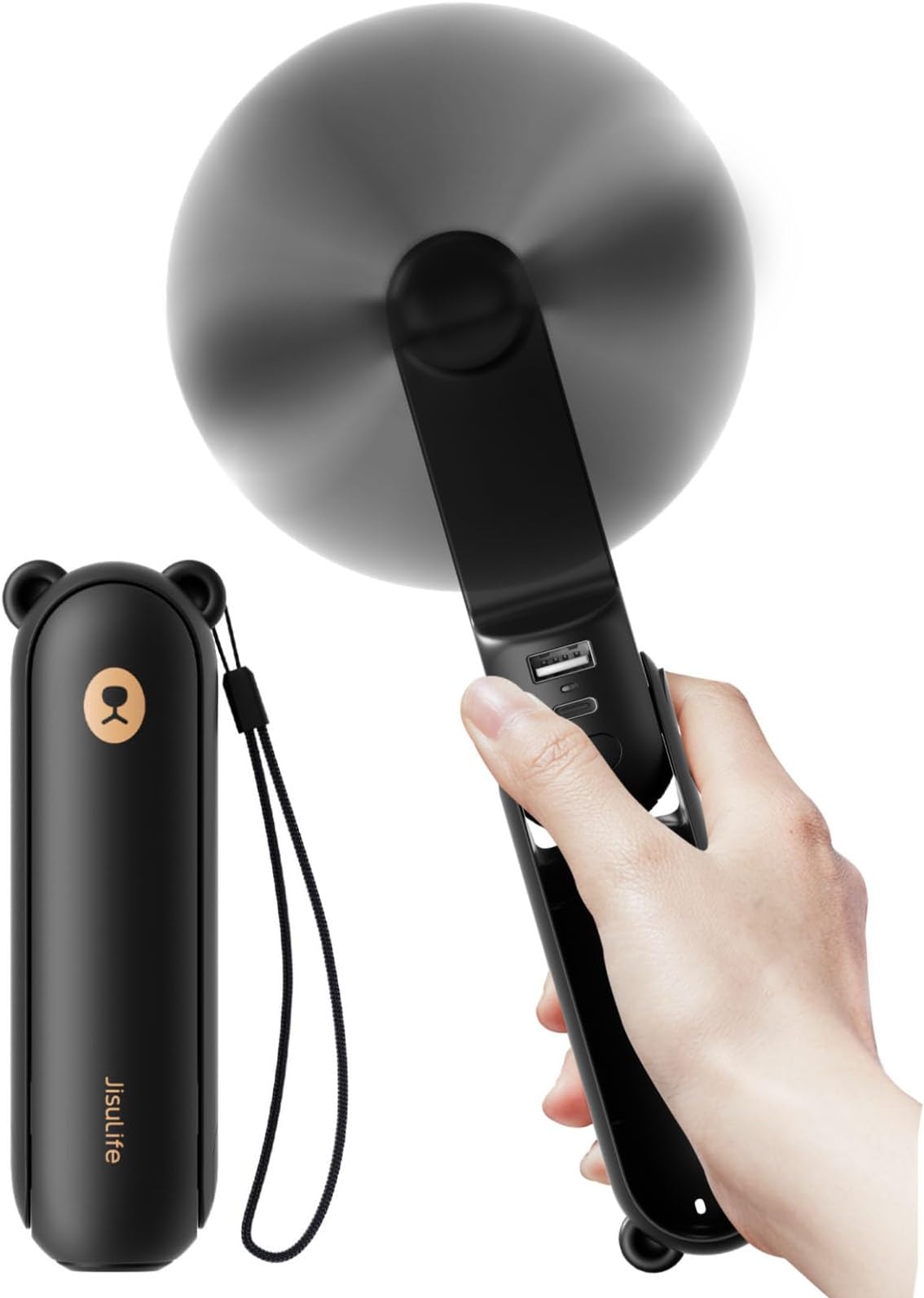 – JISULIFE Handheld Fan with 4500mAh Powerbank Max 46 Hours Runtime,Pocket Fan Portable Battery Operated or USB Powered Folding Personal Fan,3 Speeds,Gifts for Women Men Kids Gift for Festival-Black
