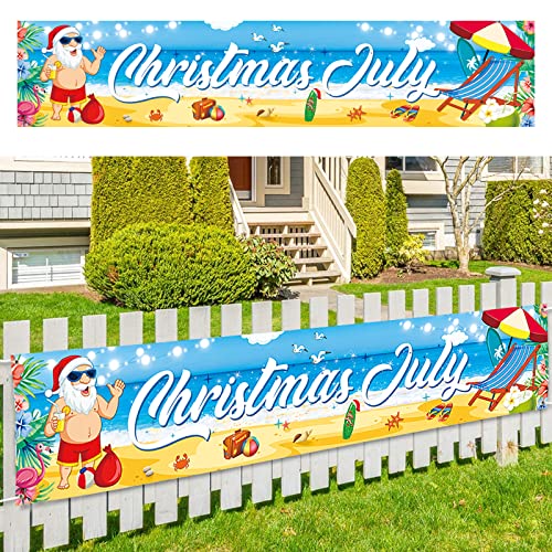 Large Backdrop | 8.2 X 1.3Ft Christmas In July Banner For Outside Decorations, Fabric Hawaii Mele Kalikimaka Tropical Merry Christmas Summer Santa Snowman Hanging Banner For Outdoors Garden Patio #TOP2