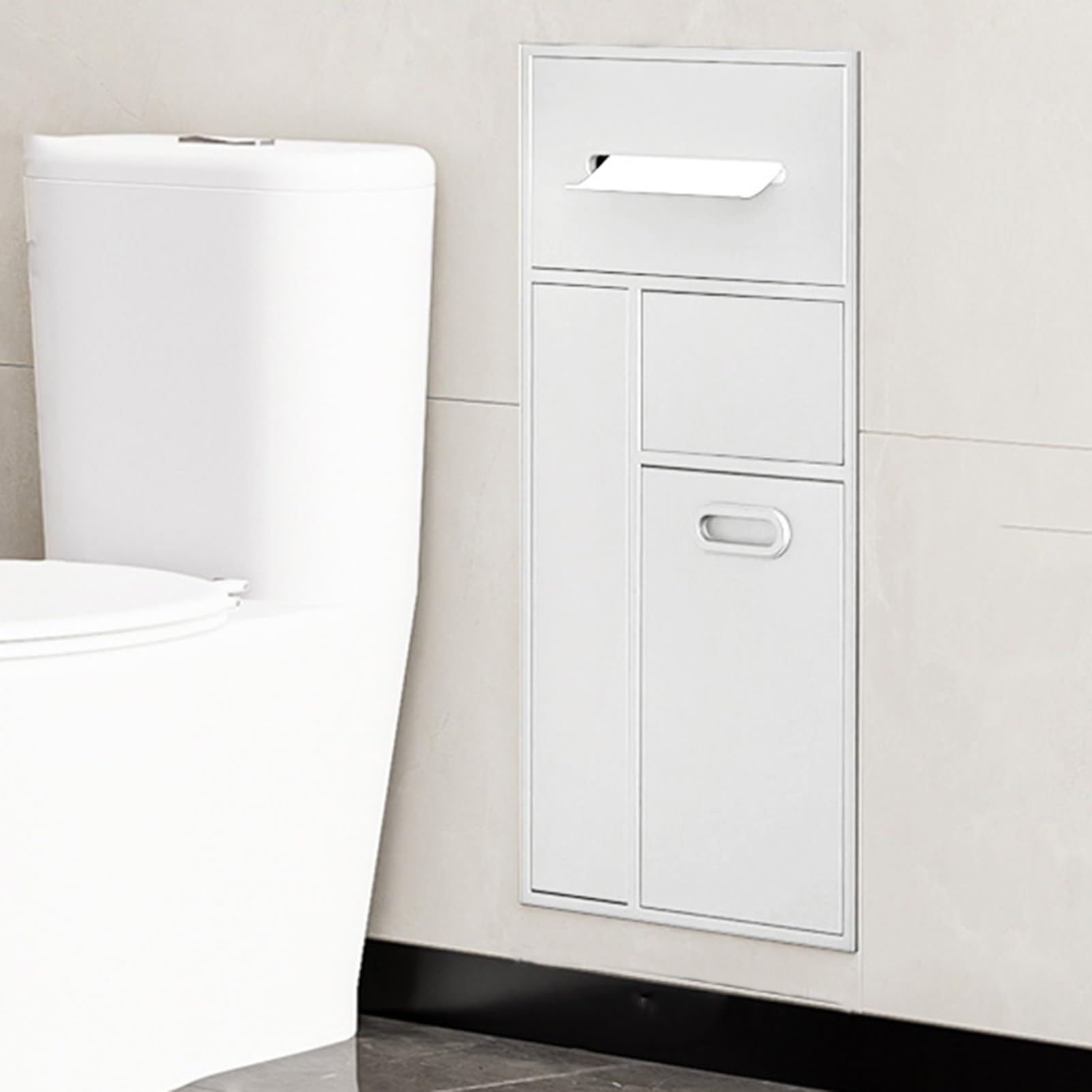 Generisch Duschablage aus Edelstahl – Eingelassenes, wasserdichtes Ablagefach und integrierte Mülleimernische für Küche, Hotel und Zuhause – Stilvolles weißes Design