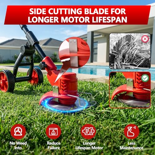 Electric Weed Wacker Cordless, 4000mAh Weed Eater Battery Powered with Wheel, 4 in 1 Grass Trimmer/Heavy Duty Brush Cutter/Lawn Edger/Weed Trimmer, No String Trimmer with Blade, 2 Battery Garden Tool by reffmov - Used condition - Image 6