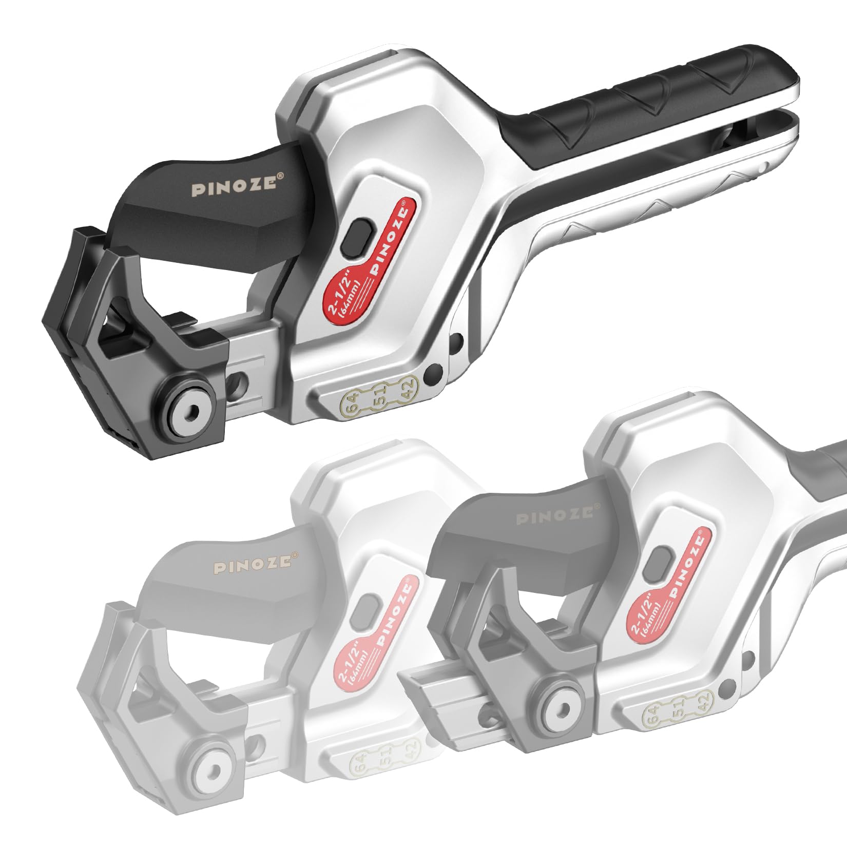 PINOZE Cortador de tubos de PVC, corte ajustable de 3 engranajes de hasta 63 mm (2.5"), herramienta de corte de tubo de trinquete resistente para PVC, PPR, PE, PEX, mangueras de plástico y tuberías