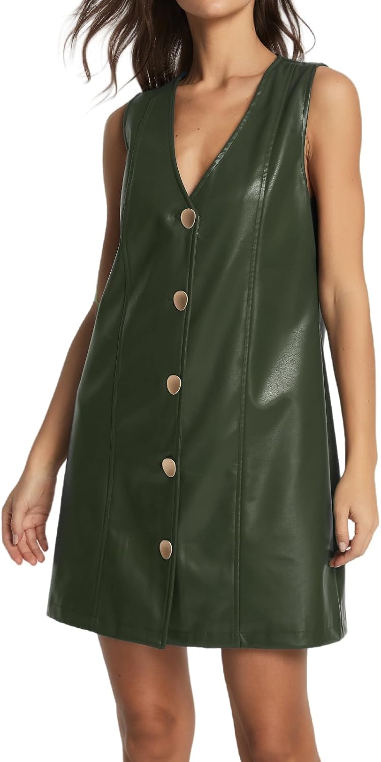 Women Faux Leather Mini Dress Sleeveless V Neck Button Down Pinafore Dress