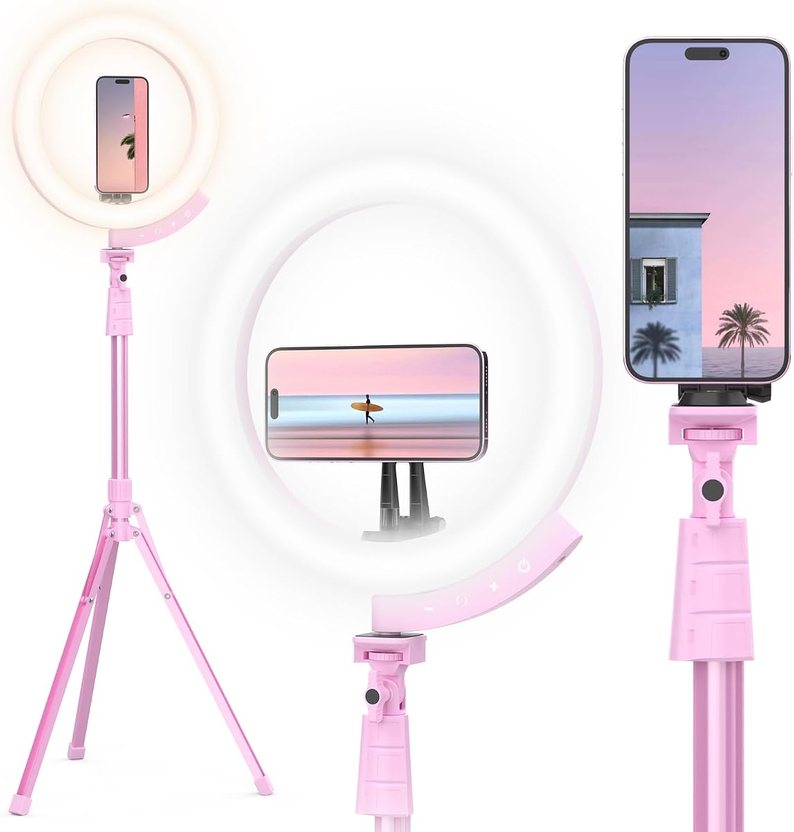 12'' LED Ring Light with 62'' Tripod Stand and Magnetic Phone Holder, Selfie Ring Light for Video Recording, Live Streaming, Compatible with iPhone & Android (Pink)