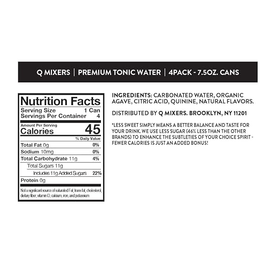 Q TONIC WATER with Real Quinine & Organic Agave - Ideal for Cocktails & Mocktails - Made with Real Ingredients, Perfectly Carbonated & Less Sweet - 45 Calories per Can - 7.5 Fl oz (Pack of 24)