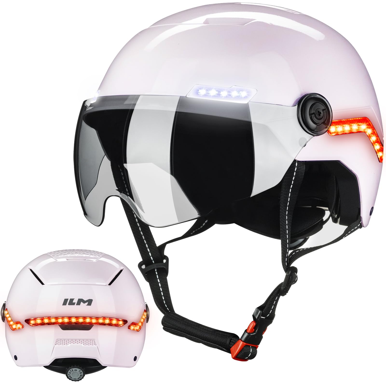ILM Smart Bike Helmet Men Women Automatic G-Sensor Turn Signal & Brake Warning Cycle Helmets with Visor Front Side Rear LED Lights Road Cycling Model MB101L,Pink,L/XL