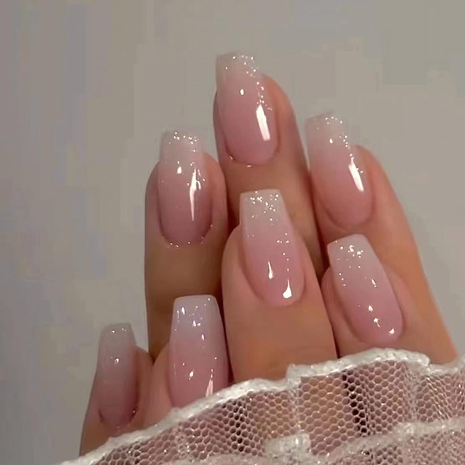 HariPrabodham Professional Almond-Shaped Press On Nails Set, 12 Pieces Reusable Milky Pink Gel with Holographic Glitter Ombre Design, Long Lasting Artificial Nails-image-6