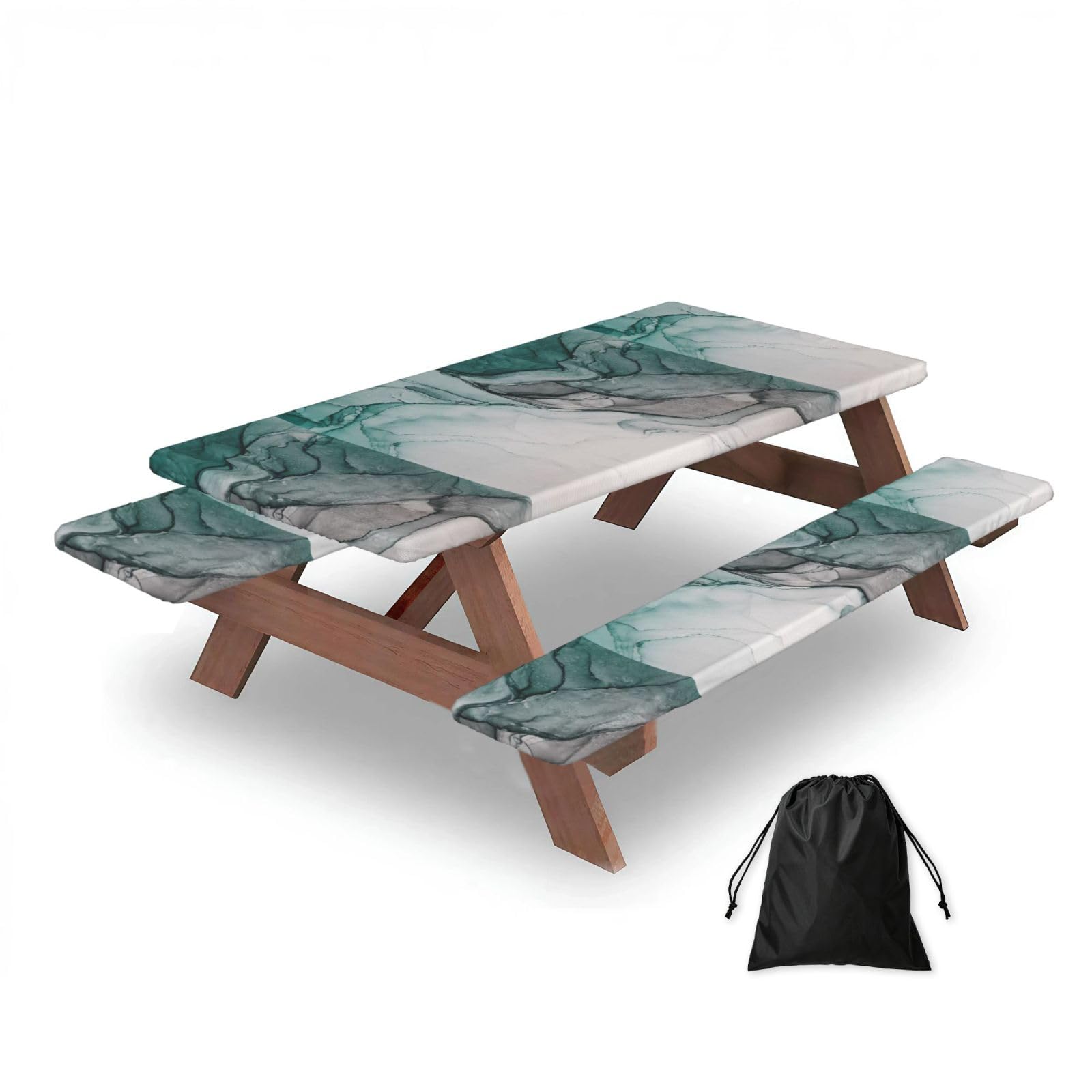 Green Marble Texture, Picnic Table Cover With Bench Covers -Waterproof Elastic Fitted Tablecloth for Garden Camping Patio 76x152cm