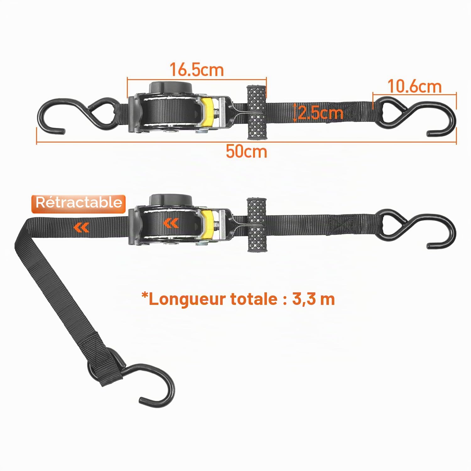 Lot de 2 sangles à cliquet rétractables automatiques - 3,3 m x 25 mm - Force de serrage 680 kg - Pour sécuriser des objets pendant le transport
