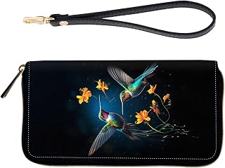 RFID-Blocking Zip-Around Wristlet for Women - Large Capacity Credit Card Holder with Detachable Strap, Fashion RFID Blocking Wallet,Hummingbird and Flower