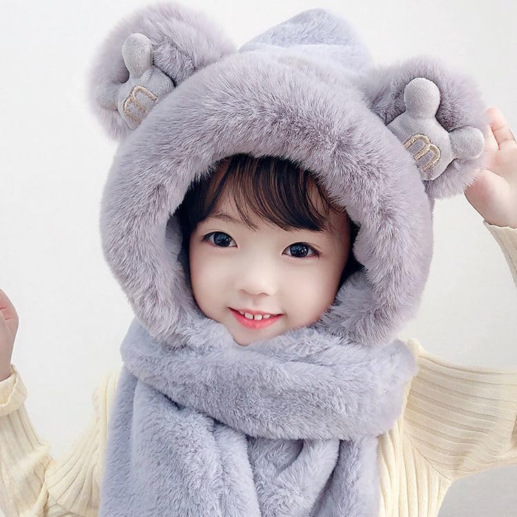 Kids Animal Hood Hat Scarf Gloves Set 3 in 1 Cute Bear Faux Fur Balaclava Plush Warm Beanie for 1-7Year - Image 3