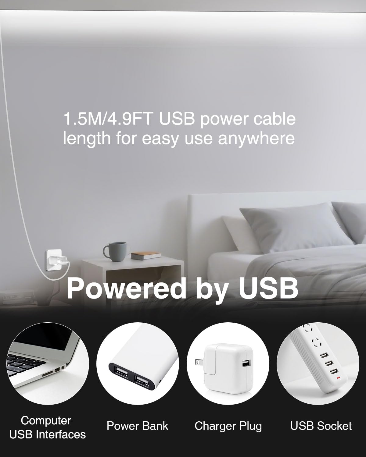 Aclorol 5V USB Powered Dimmable COB LED Strip Light 3.28FT/1M 320LEDs Cold White LED Flexible Tape Lights with 1.5M Cable for Under Cabinet TV Backlight Bedroom Wardrobe Shelves Displays (2 Pack) - Image 3