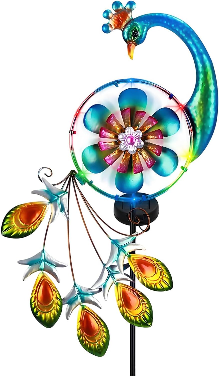 Generic Outdoor Metal Kinetic Art Peacock Windmill Solar Wind Spinner, Yard Lawn Garden Decor, Multicolor with Jewel Accents, Stake Light