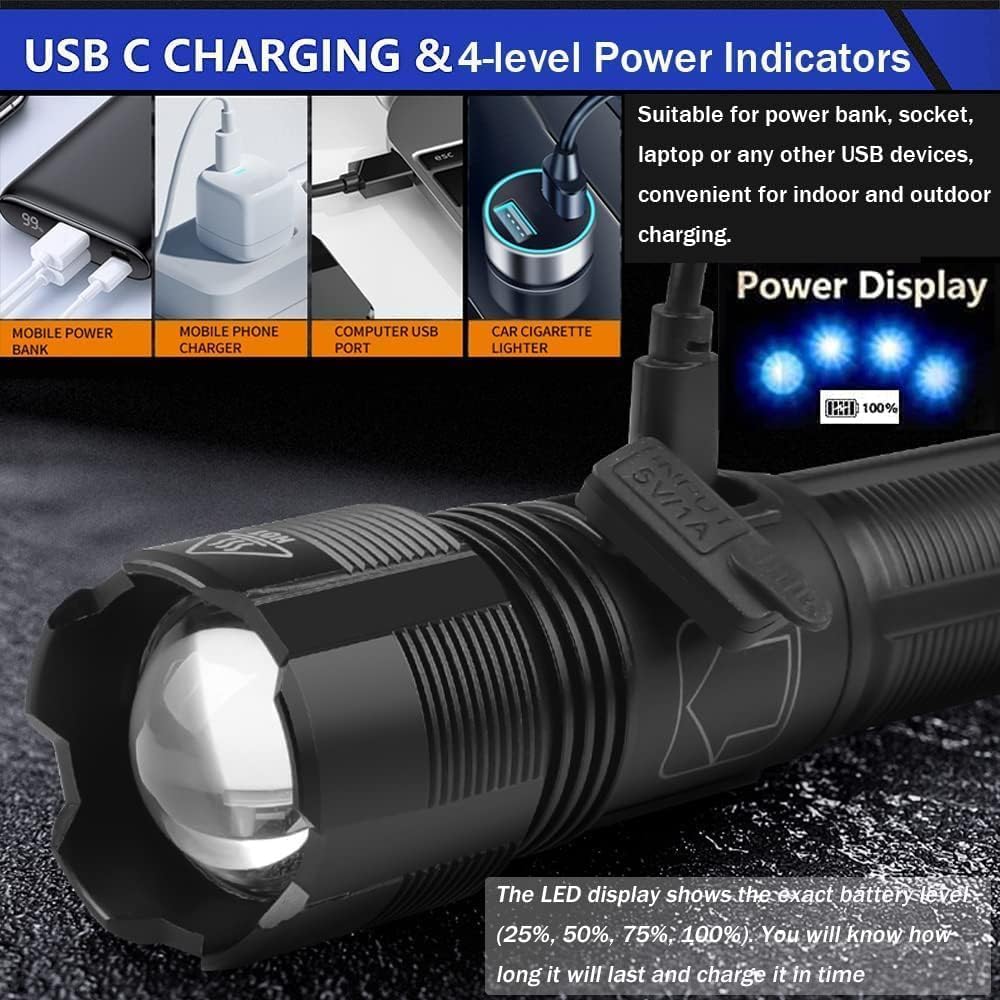 Pocketman Super Bright Flashlights High Lumens LED Flashlight Rechargeable Flash Light Handheld Ligjt 6 Modes for Outdoor Camping Emergency