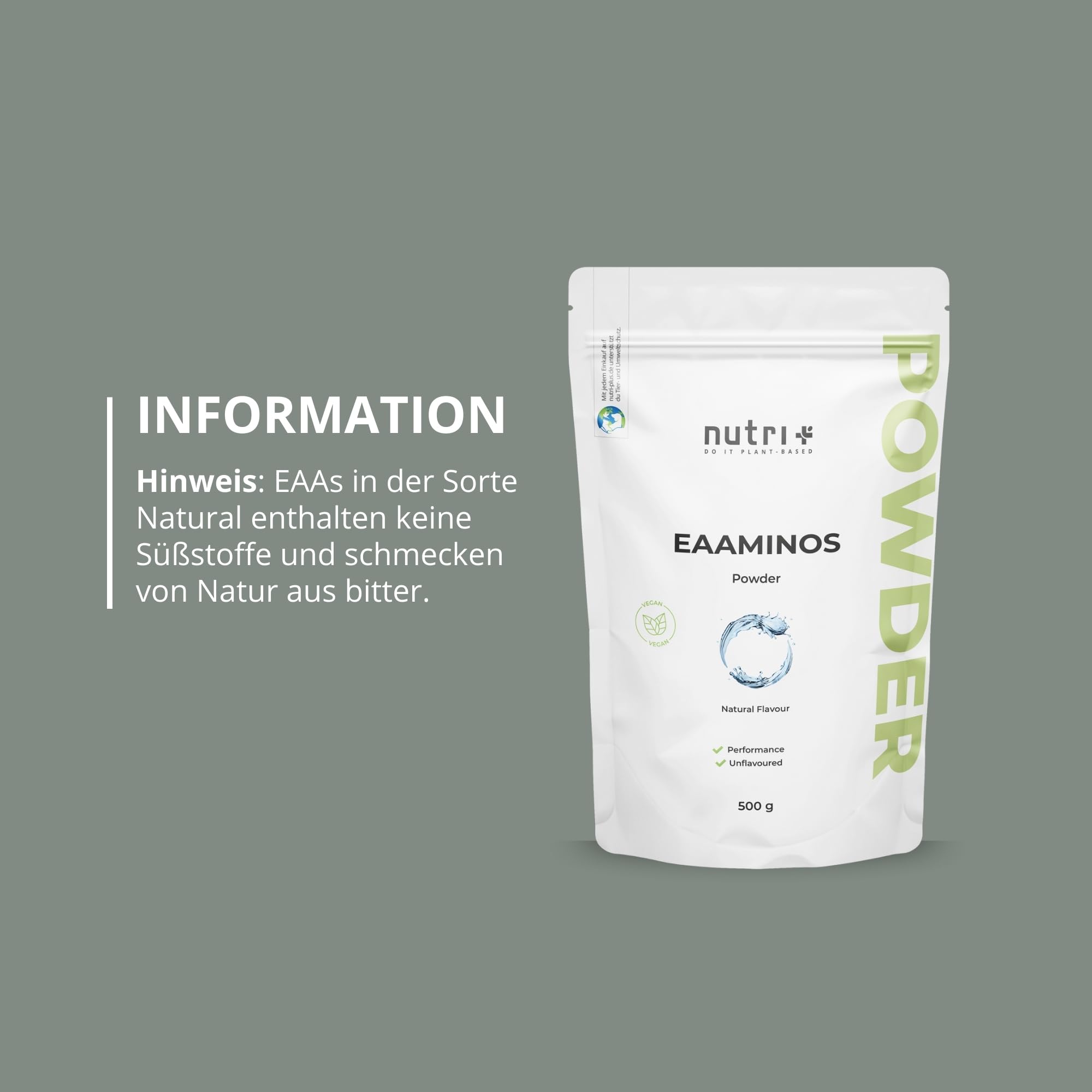 Nutri + EAA Pulver Neutral 500 g hochdosiert + vegan - 9 essentielle Aminosäuren - Instant Natural ohne Süßstoff, Zusatzstoff & künstlichen Geschmack
