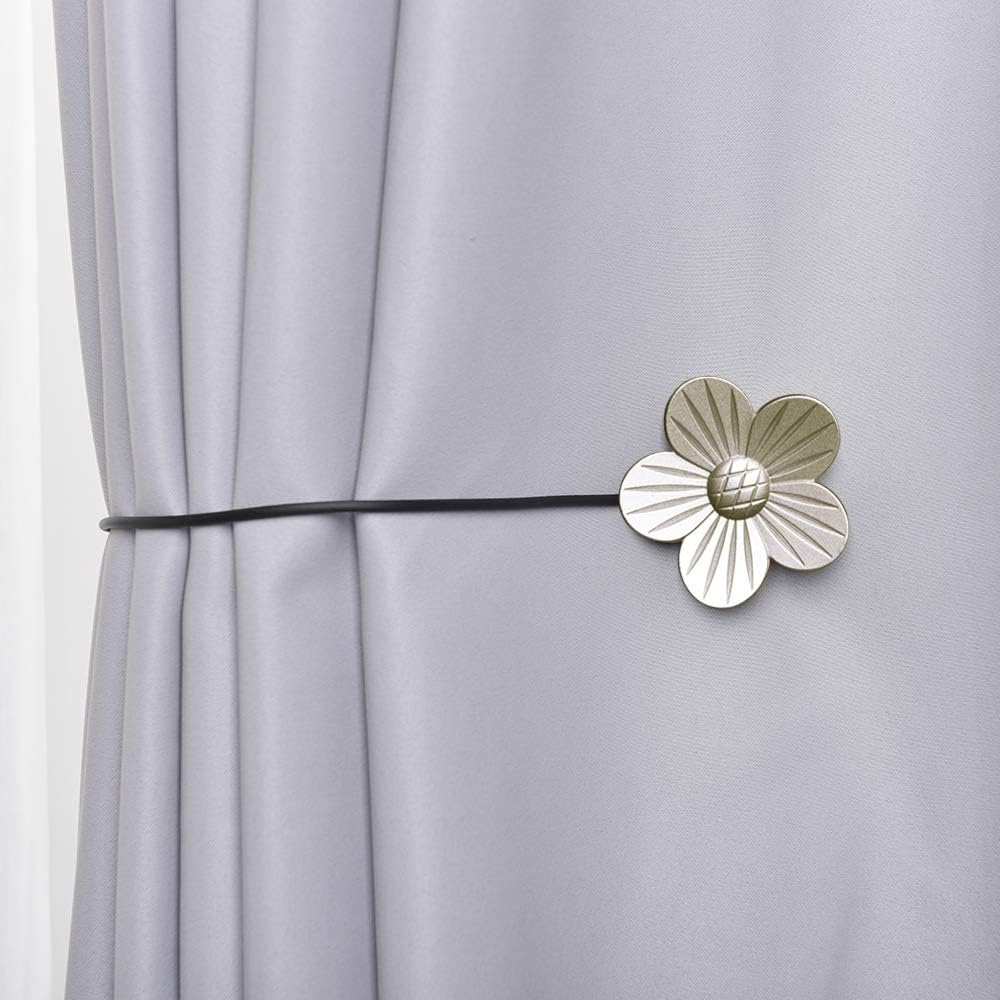 DEZENE Magnetic Curtain Tiebacks Holdbacks: Pack of 2 Rust-Proof Metal Flower Magnet Drapery Tiebacks for Indoor Window, Outdoor Patio, Nickel, 16 Inch Long