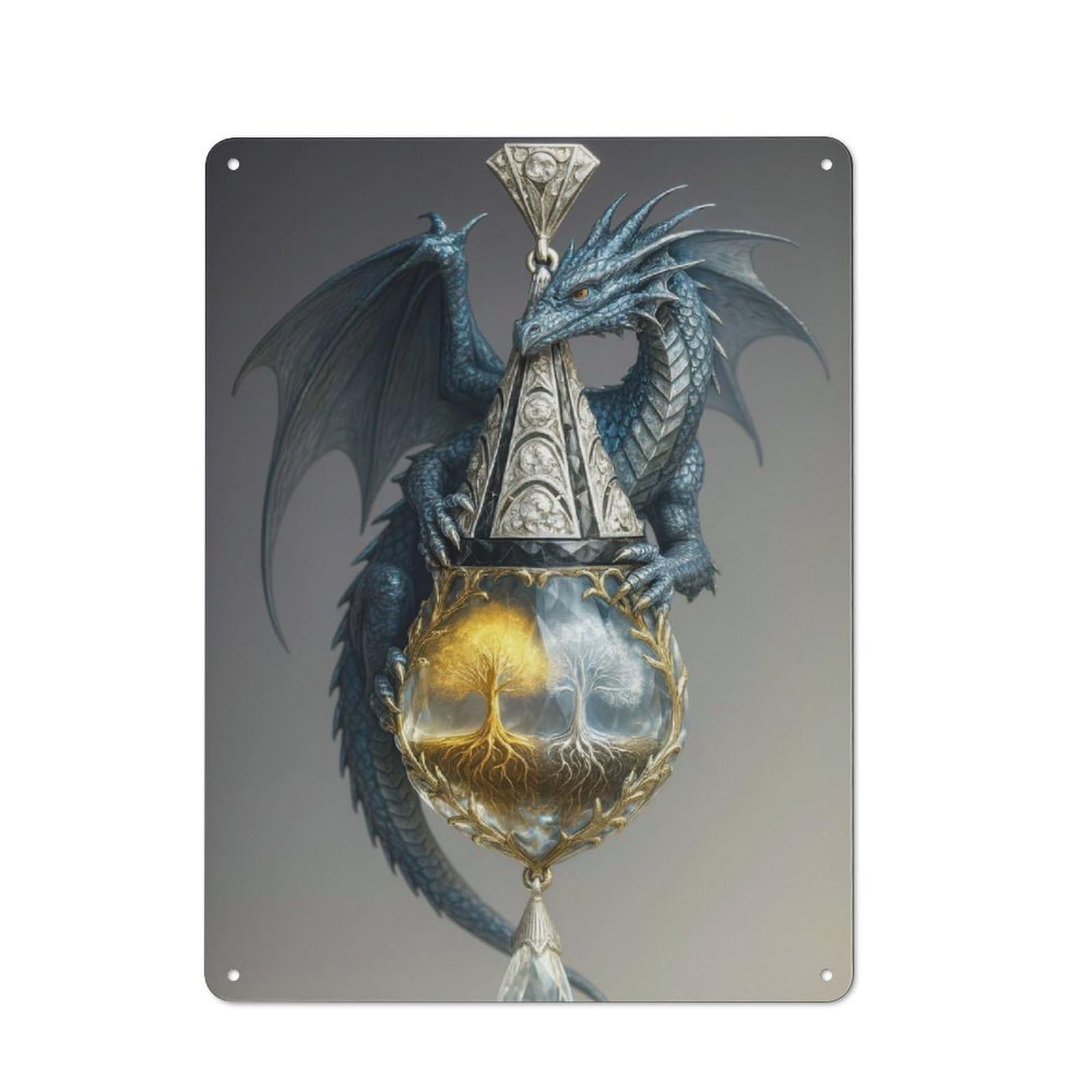 Junmoney Blue Dragon With Golden And Silver Trees For Hobby Room Or Studio, Rustic Metal Sign 40X30cm, For Creative Interior Collectors Refreshing A Room In Autumn