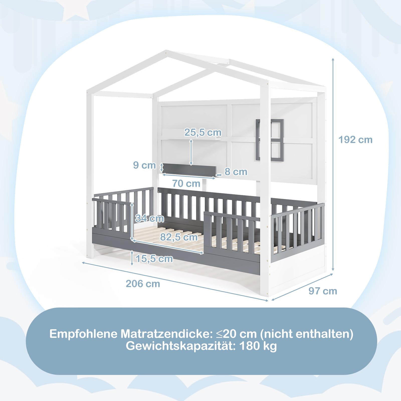 COSTWAY Hausbett 90x200 cm, Kinderbett mit Rausfallschutz und 2 Regalen, Holzbett in Hausform mit Fenster & Lattenrost, Montessori-Bodenbett, Weiß + Grau