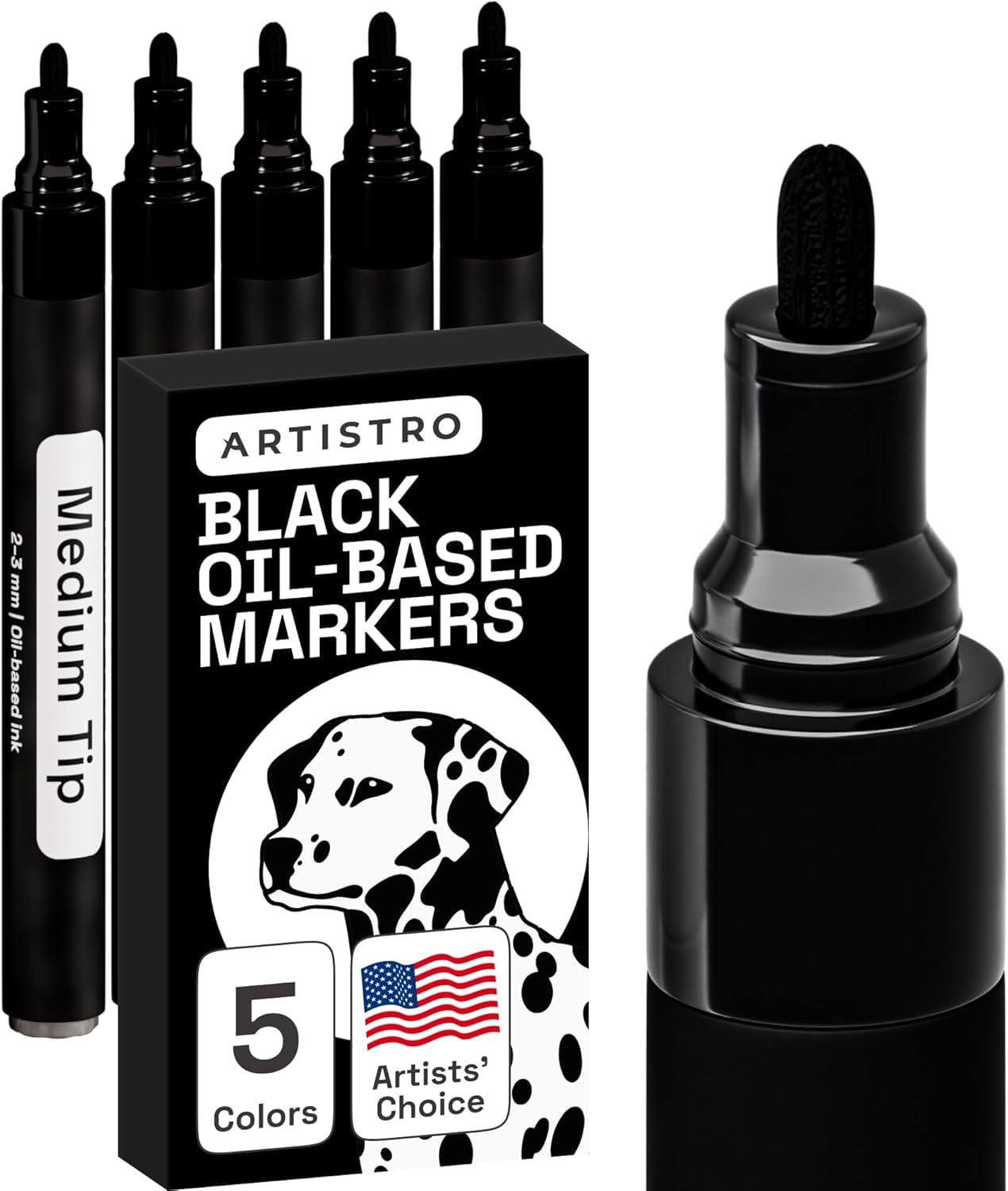 ARTISTRO 5 Oil-Based Permanent Paint Markers - Black Medium Tip Markers for Tire, Wood, Rock, Fabric, Glass, Ceramic, Metal, Plastic, and More - Quick Dry, Waterproof