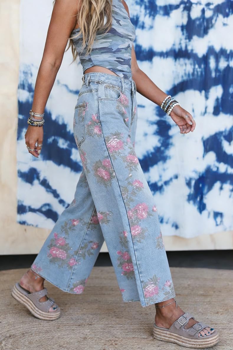 yoeasy Women's Wide Leg Jeans Baggy Boho Floral Printed Baggy Boyfriend Casual Flare Ankle Denim Pants