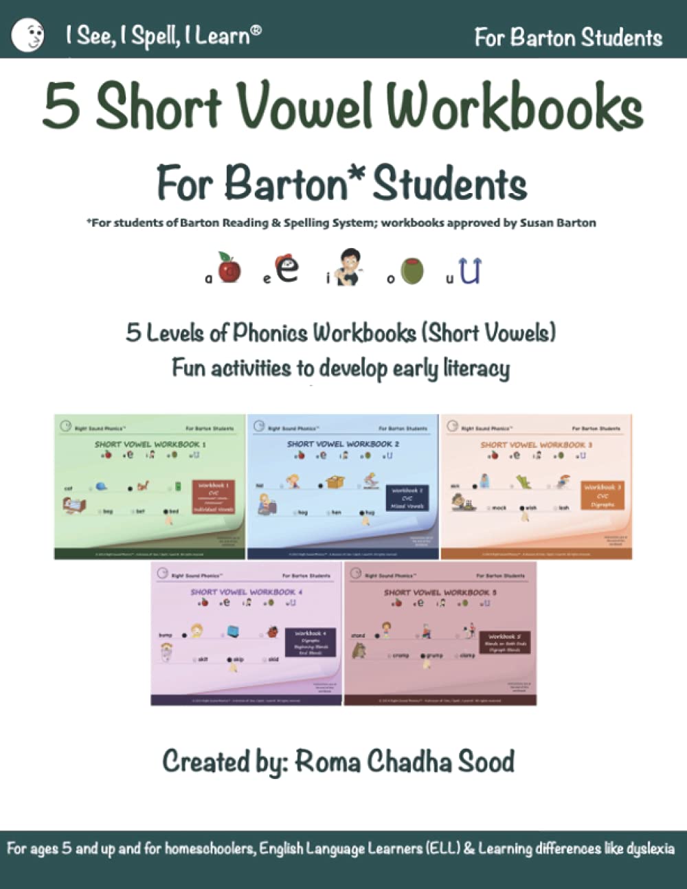 All 5 Short Vowel Workbooks - For Barton Students: I See, I Spell, I Learn® - Reading & Spelling Program