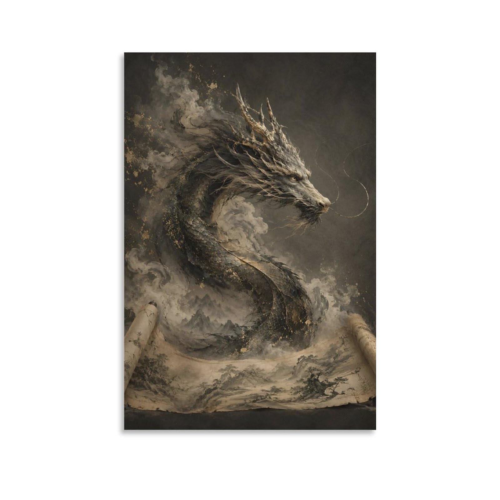 W7C8U2X3 Dragon Emerging from Scroll Canvas Wall Art, Mythical Dragon