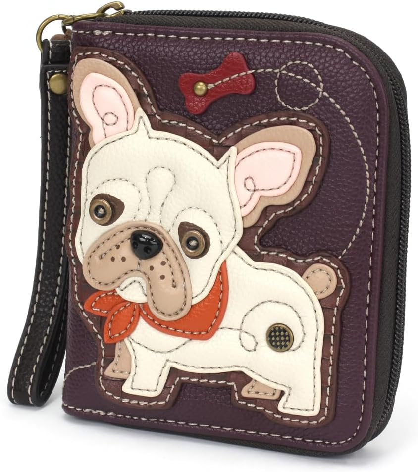 Chala Vegan Leather Zip Around Wallet with Wristlet (French Bulldog - Plum)