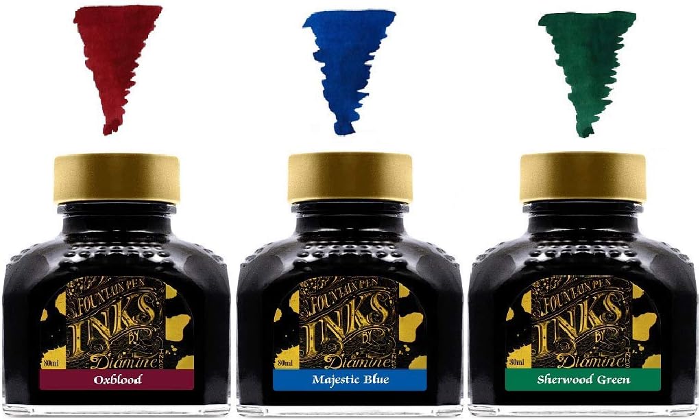 Diamine - 80ml Fountain Pen Primary Colour Ink Set - Oxblood & Majestic Blue & Sherwood Green