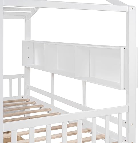 Miniatura 161 de Cama de casa de tamaño individual con 2 cajones, marco de cama de madera y barandilla de seguridad. Ahorra espacio, ideal para el dormitorio de un