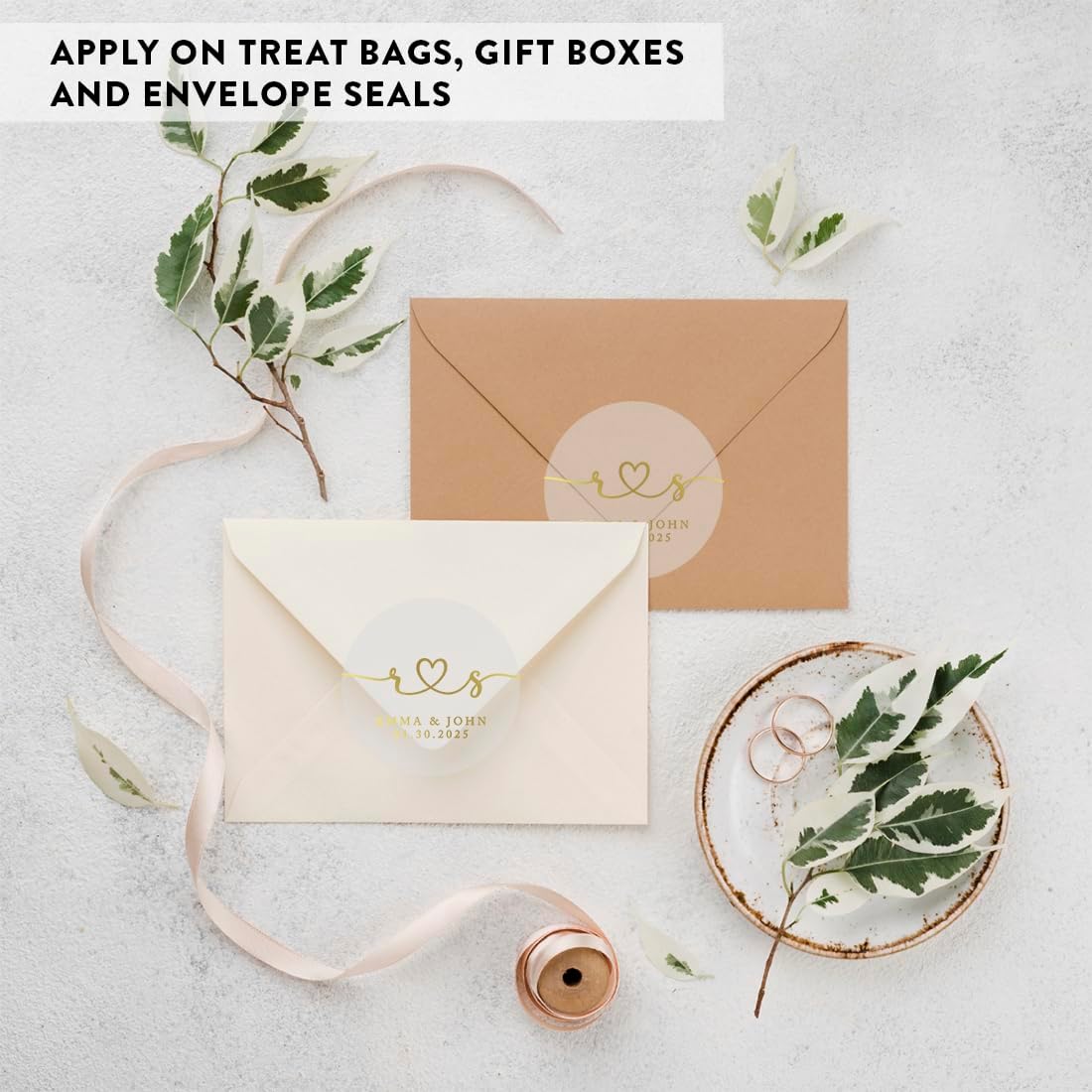 Andaz Press 2" Round Clear Personalized Wedding Sticker Labels with Gold, Custom Monogram Heart Transparent Vinyl Envelope Tab Sealer Self-Adhesive Labels for Wedding Invitations Favors Cards, 40-Pack