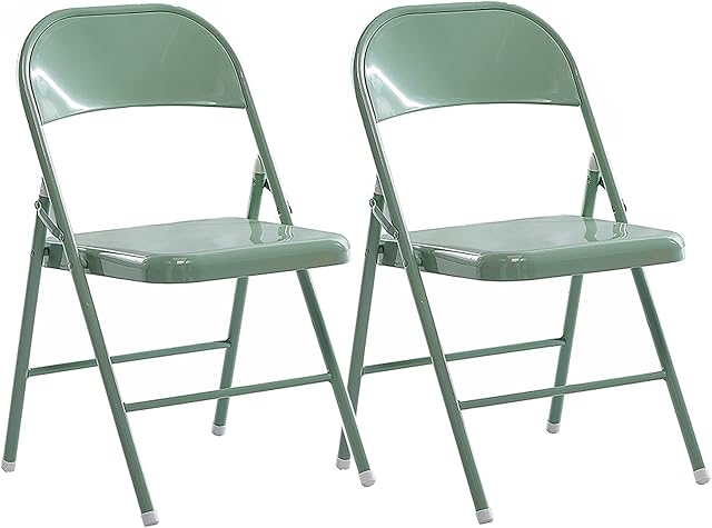 LeChamp Steel Folding Chair Strong Metal Frame Camping office Chair Space Saving Desk Chair for Guest, Visitor & Conference Temporary Seat (Green, 2)