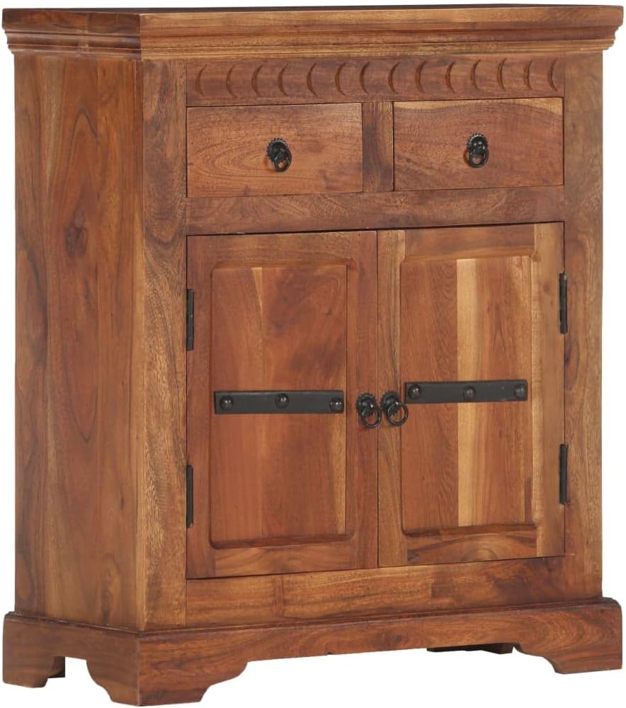 Solid Acacia Wood Sideboard with Iron Frame, Natural Brown Medium Sideboard with 2 Drawers and 2 Doors for Dining Room Storage, Rustic Furniture for Living Area, Durable
