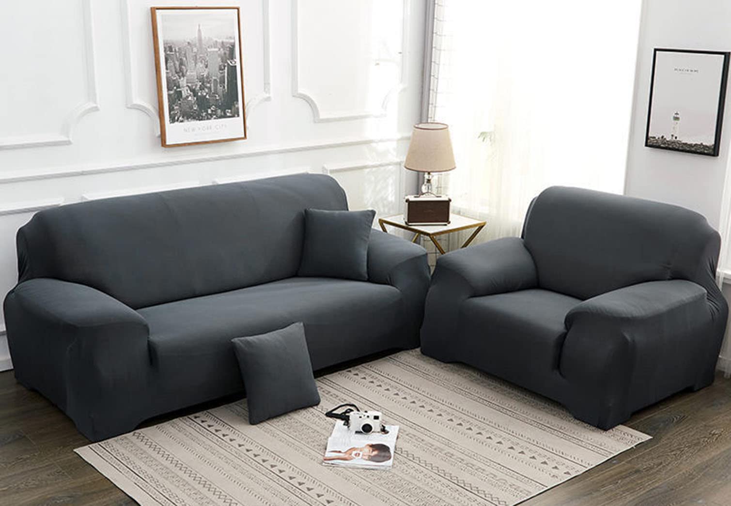 Housse de canapé 1 place extensible gris foncé lavable | Protection fauteuil universelle
