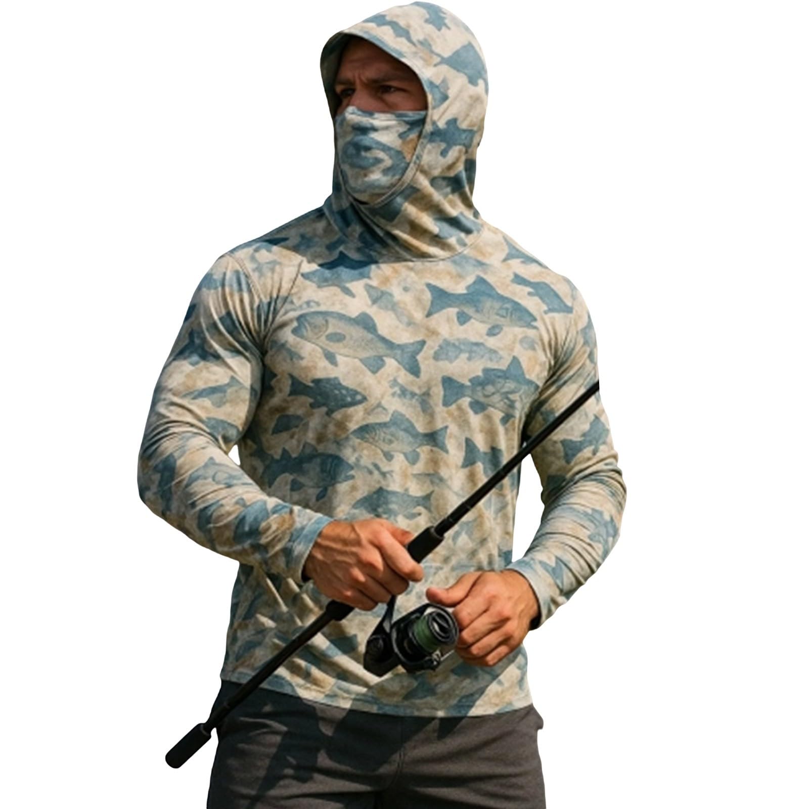 Sudadera Sin Mangas Hombre Men's Hooded 50+ Sun with Athletic Fishing Shirts USA Flag Rash Guards T Long Sleeve Perro (Khaki, XXL) Ropa Anti Calor De Gimnasio Camisa Manga Larga Oversize