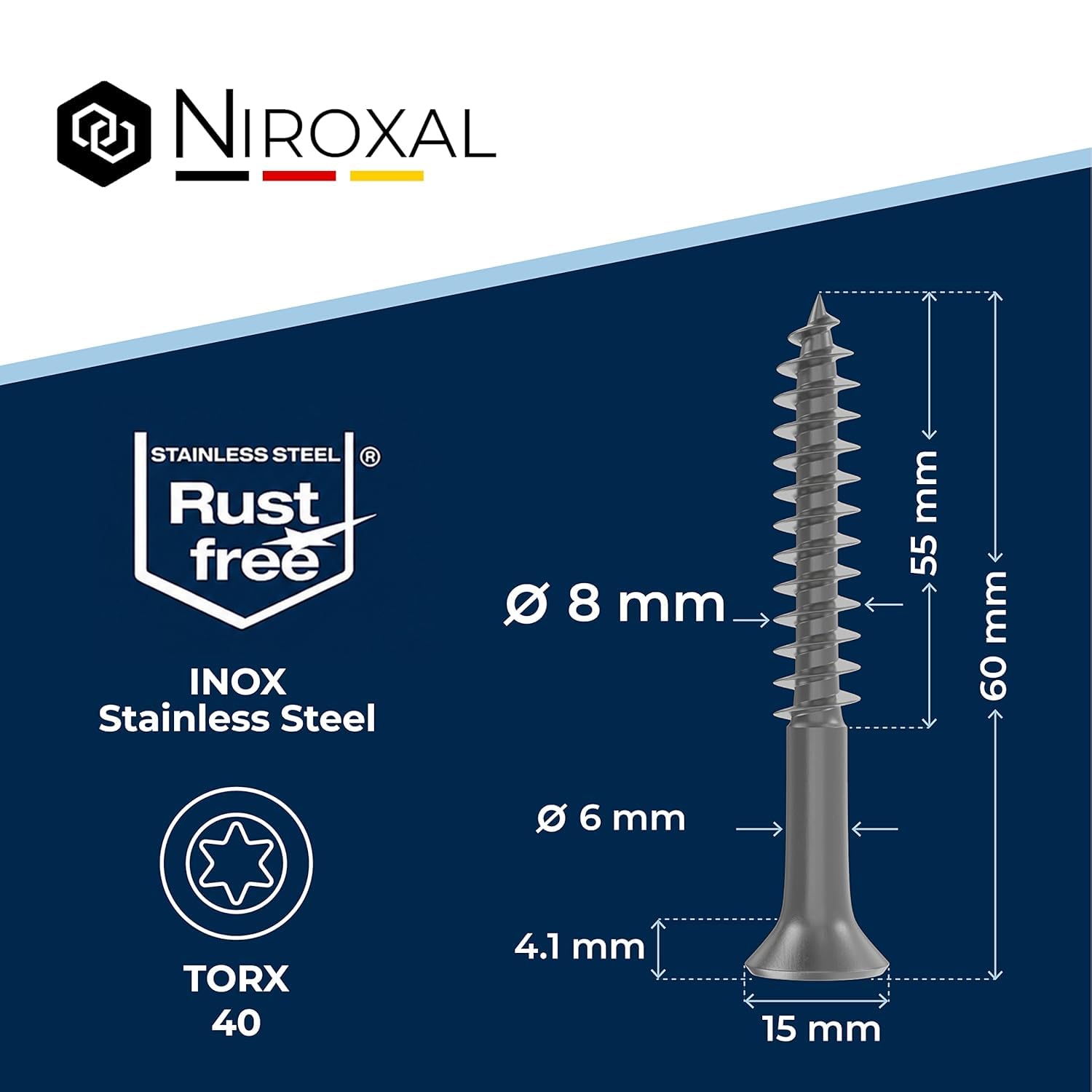 Viti per legno Ø8x60 mm testa svasata 90° TX40 – acciaio inox A2 V2A – filetto parziale – costruzioni standard – per fai da te e hobbisti – 100 pezzi