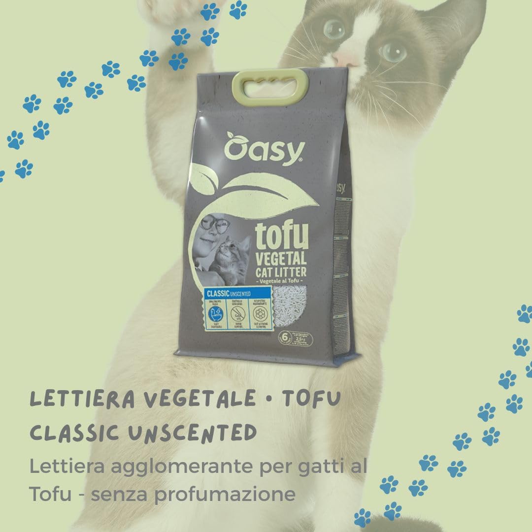 Litière pour chat végétale Oasy, litière en tofu végétal pour chats de tous âges et races, élimination facile, contrôle des odeurs, haut pouvoir agglomérant | 1 lot de 6 litres.