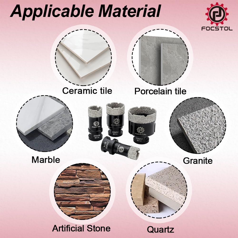FOCSTOL Punte Diamantate Gres Porcellanato - 4 pezzi (20/25/35/50mm) Punte Trapano Diamantate per Piastrelle Ceramica Marmo Graint