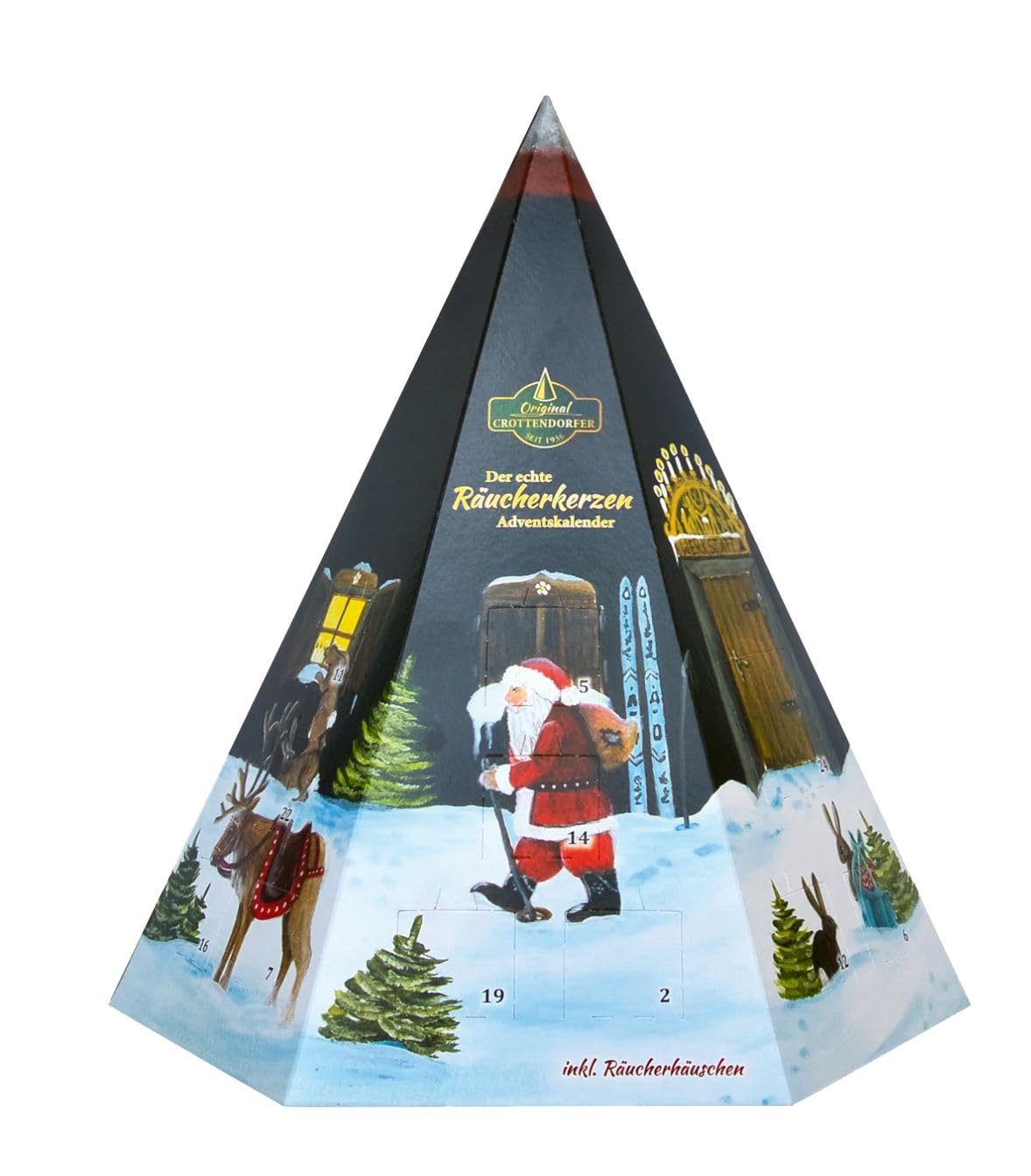 Rudolphs Schatzkiste Adventskalender „Pyramide“ mit 1 Metall-Räucherhaus und 24 Räucherkerzen BxHxT 30,5x28x28cm NEU Räucherkerzen Adventskalender Pyramide Geschenkset Weihnachten Crottendorfer