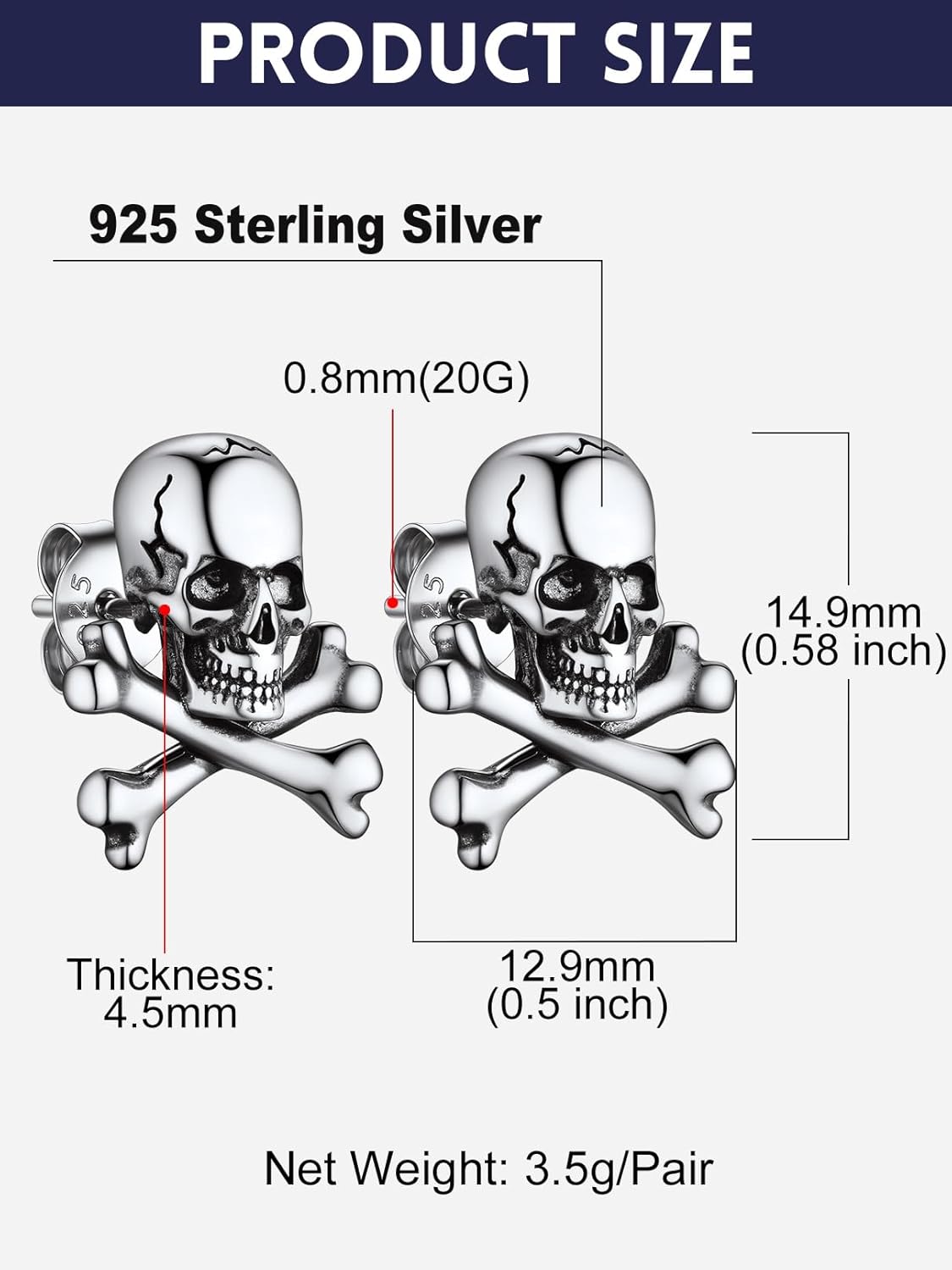 Bandmax 925 Sterling Silver Skull Stud Earrings Hoop Earrings for Women Men Punk Gothic Halloween Skull Skeleton Earring Studs Hoops