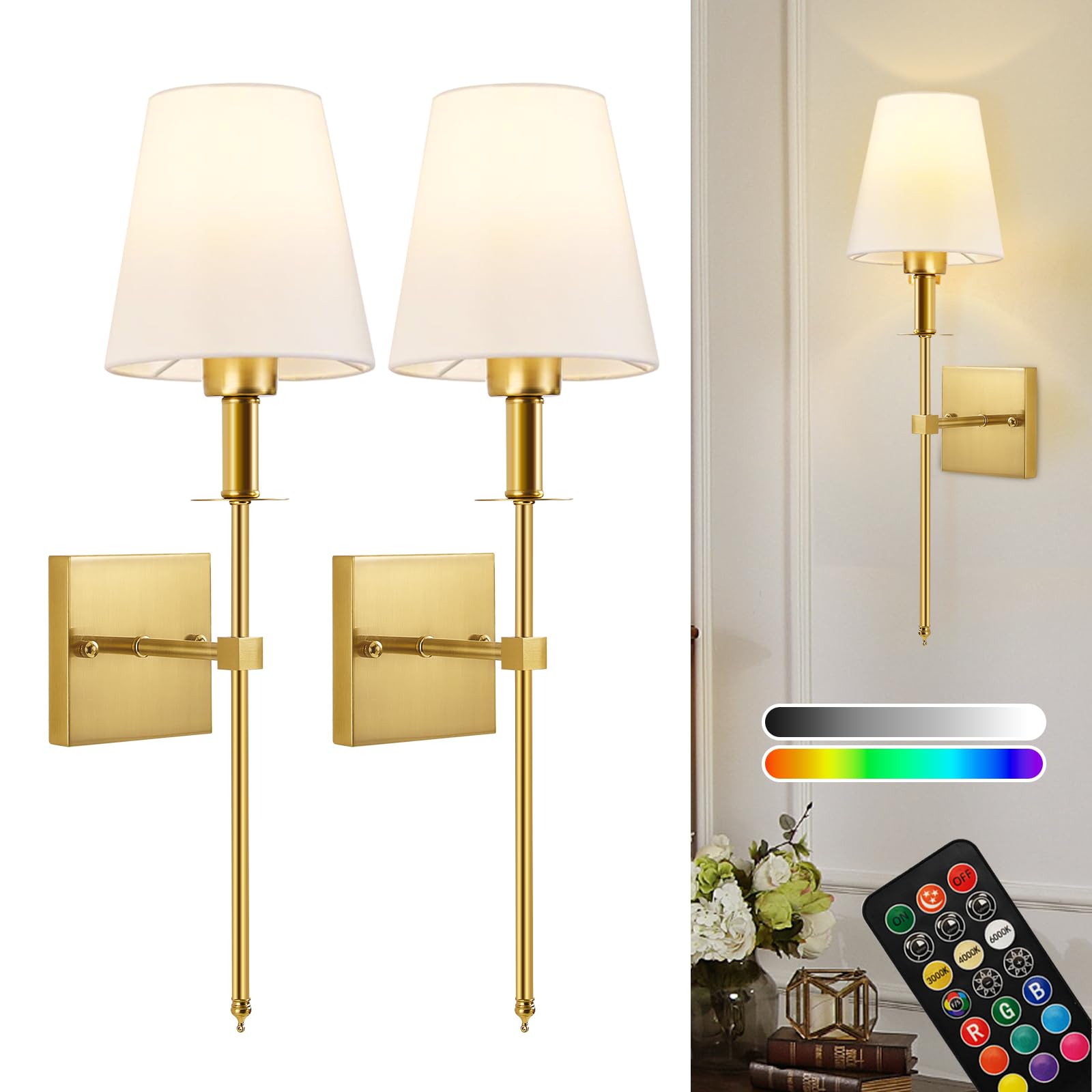 KARTOOSH Battery Operated Wall Sconce Set of Two, Rechargeable Wireless Wall Lights with Remote Control,Dimmable,3000K/4000K/6000K, RGB,Timer, No Wired Sconces for Bedroom,Living Room,Fireplace,Brass
