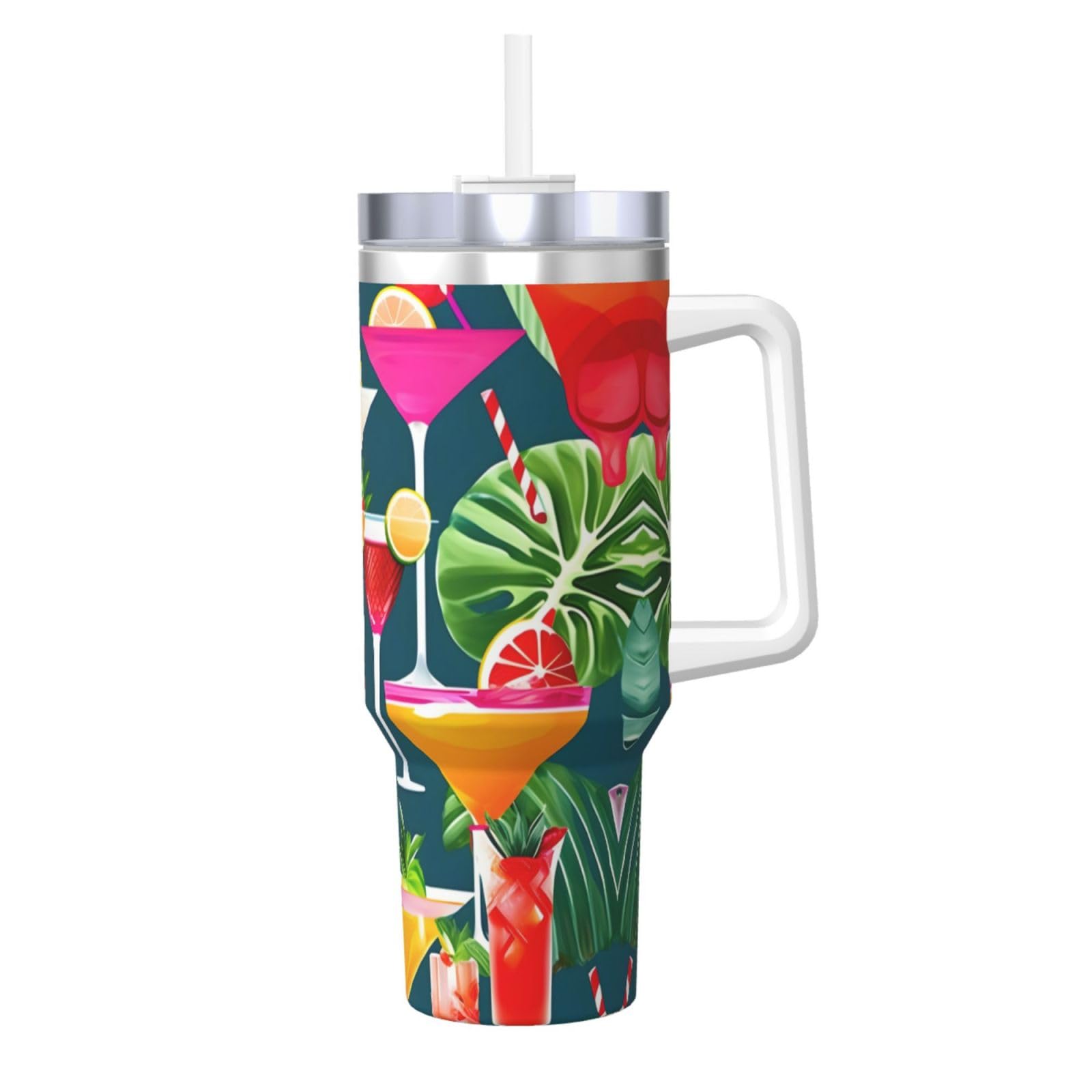 Tropical Cocktail - Botella de agua de acero inoxidable con aislamiento de doble pared con asa y tapa con popote