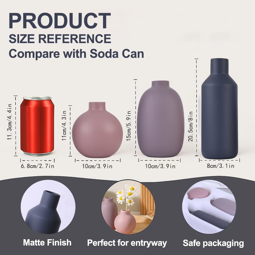 Ceramic Vase Set of 3, Modern Neutral Vases for Home Decor, Purple Gray Blue Pottery Vases for Pampas Grass, Dried or Fresh Flowers, Decorative Vase for Table, Shelf, Kitchen, Living Room, Bedroom