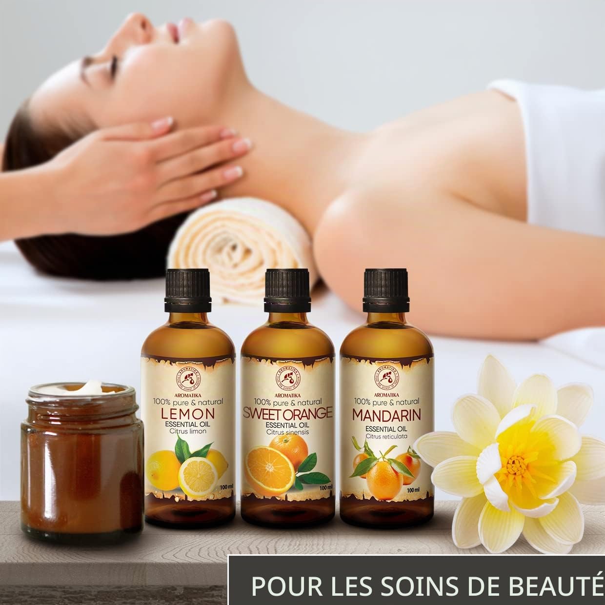 Ensemble Huiles Essentielles - 3x100ml - Citron, Orange, Mandarine - Kit Aromathérapie pour Diffuseurs - Huiles de Bain - Pure et Naturelle