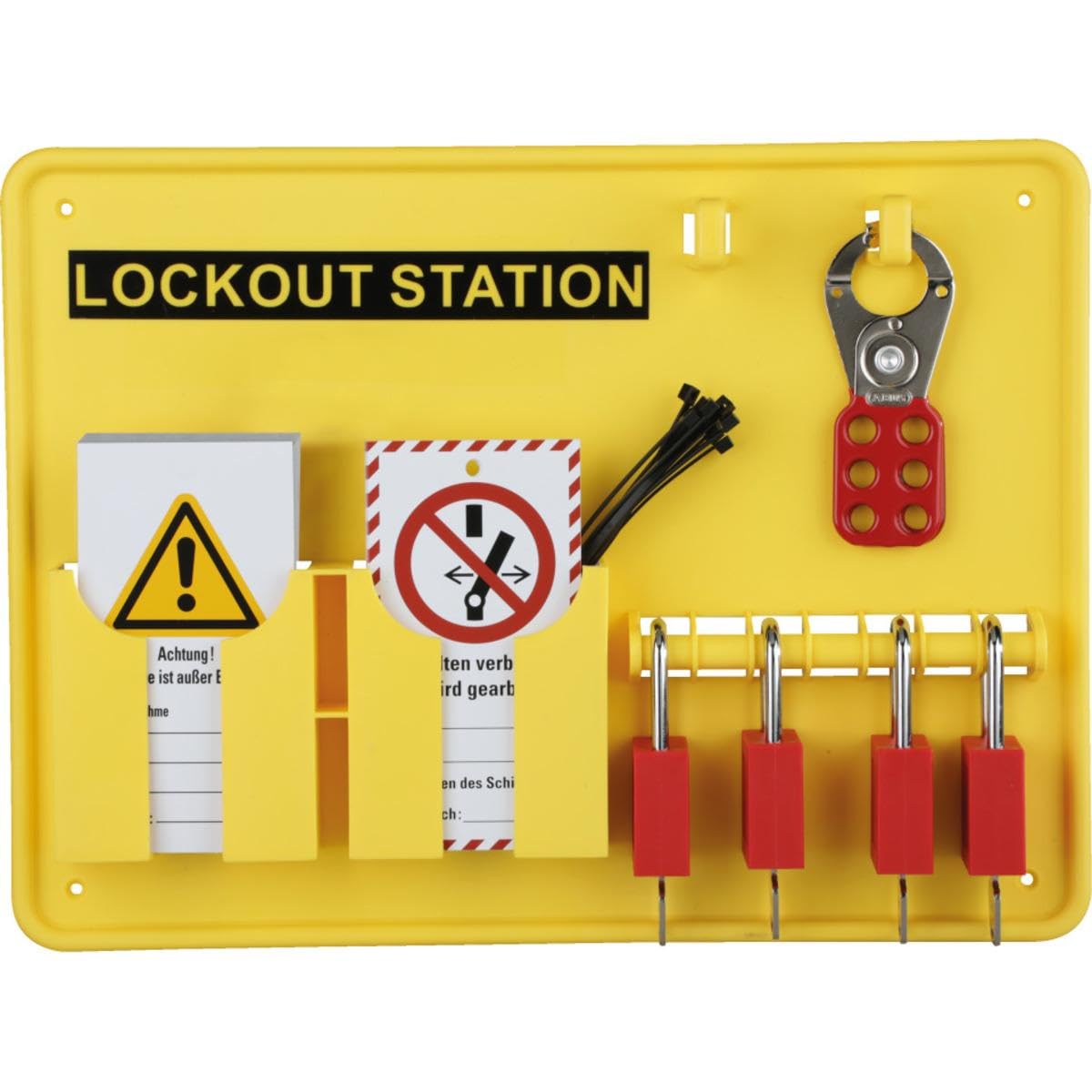 Lockout-Station Variante 2 gefüllt 10 Wartungsanhänger 4 Vorhängeschlösser 2 Multischließklammern