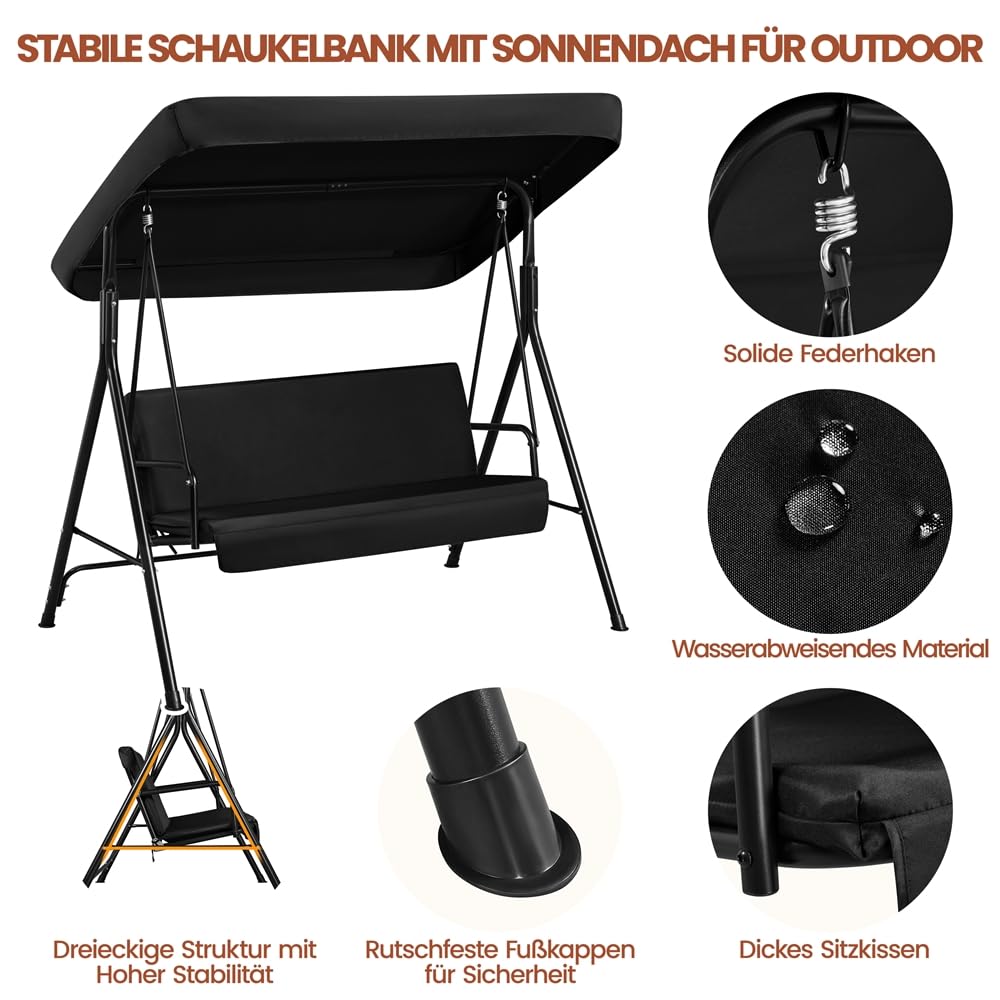 Yaheetech Schaukelbank Hollywoodschaukel 3-Sitzer Gartenschaukel mit Sonnendach Hängeschaukel mit Verstellbarem Ersatzbach bis 250 kg Belastbar Schwarz