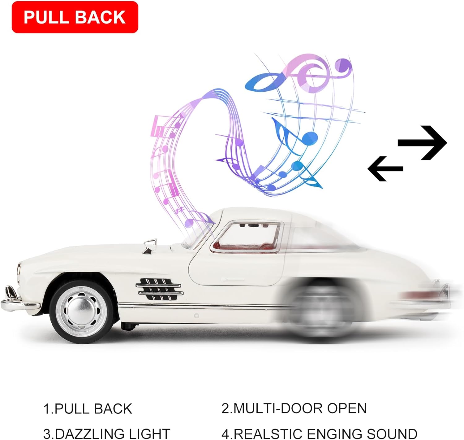 1955 300sl Vintage Car Toy, 1/32 Toy Car with Sound and Light Function, Children's Toy Model with Pullback Function, Collector's Quality Model Car, Gift for Children (White)
