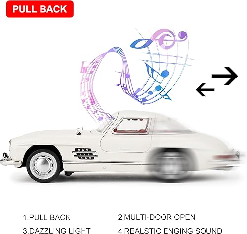 Miniatura 3 de 1955 300sl Juguete de coche vintage, 132 de juguete con función de sonido y luz, modelo de juguete para niños con función de retroceso, modelo de