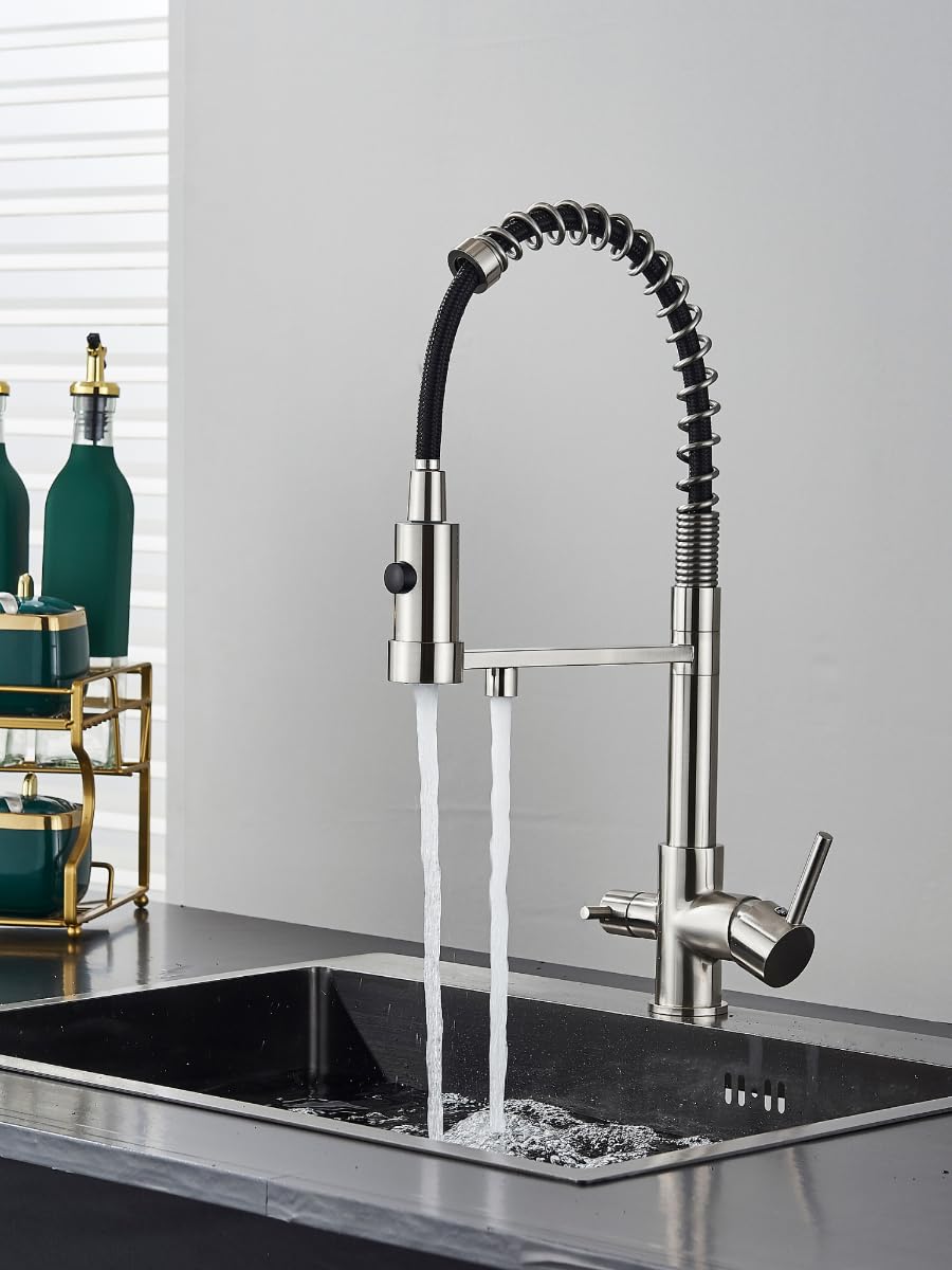 Rubinetto da cucina a 3 vie SOLID SPRING con doccetta estraibile, cavo separato per filtro dell'acqua, beccuccio girevole a 360°, rubinetto a molla in ottone, montaggio monoforo (acciaio inossidabile)